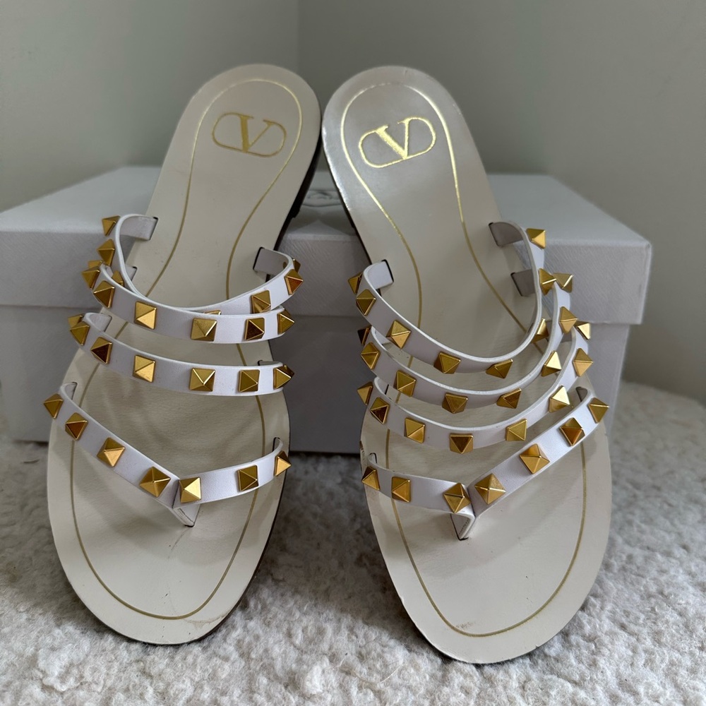 Valentino White and Gold Studded Sandals. Size 38